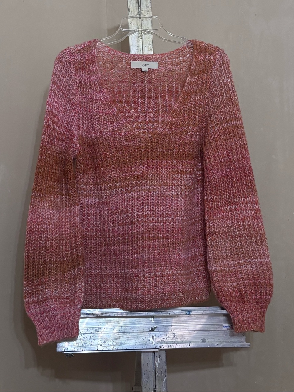 LOFT Spacedye V-Neck Knit Sweater Pink Orange Sunset Slouchy Sz M